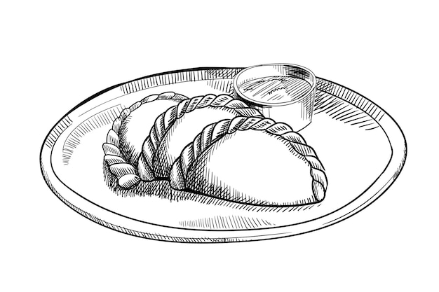 Empanadas de estilo boceto dibujado a mano Típica América Latina y comida rápida española Ilustración vectorial aislada sobre fondo blanco Lo mejor para paquetes de diseños de menú