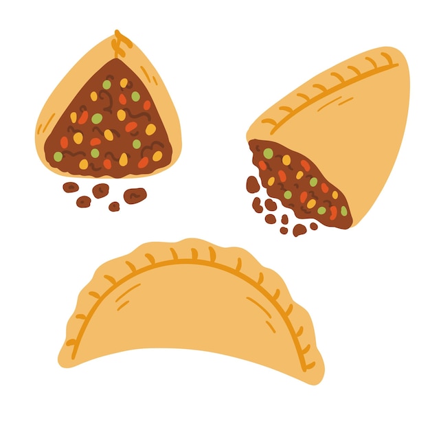 Vector empanadas en estilo plano de dibujos animados ilustración vectorial dibujada a mano de la cocina popular tradicional de américa latina