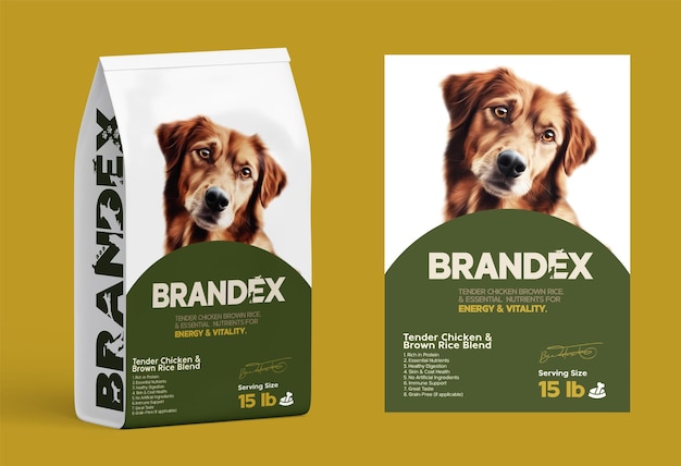 Empaque de alimentos para perros de arroz marrón y pollo de Brandex Tender Empaque verde y blanco