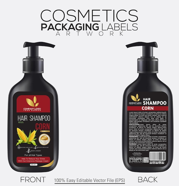 Empaque de cosméticos Etiqueta de champú para el cabello Botella negra Mockup con maíz fresco