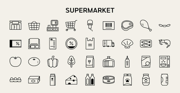 Empaque de iconos de supermercado Contorno negro y iconos llenos