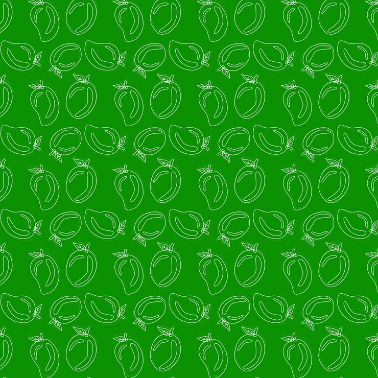 Empaque de producto o diseño de nivel dibujado a mano con patrón vectorial de frutas de mango sin costura con fondo verde