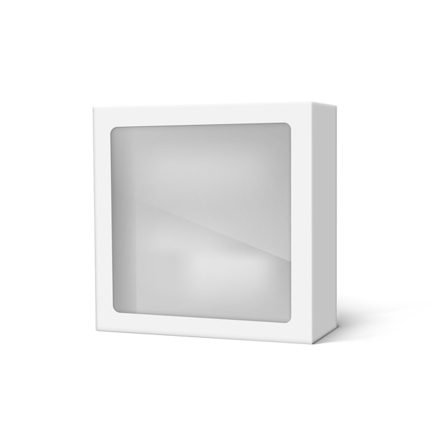 Empaquetado de caja de regalo de cartón en blanco blanco realista con ventana de plástico transparente