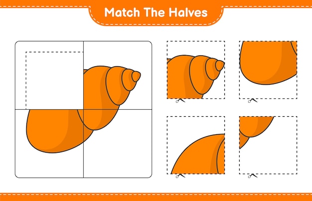 Empareja las mitades. coinciden con las mitades de conchas marinas. juego educativo para niños, hoja de trabajo imprimible