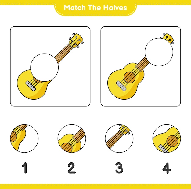 Empareja las mitades. Coinciden con las mitades del ukelele. Juego educativo para niños, hoja de trabajo imprimible