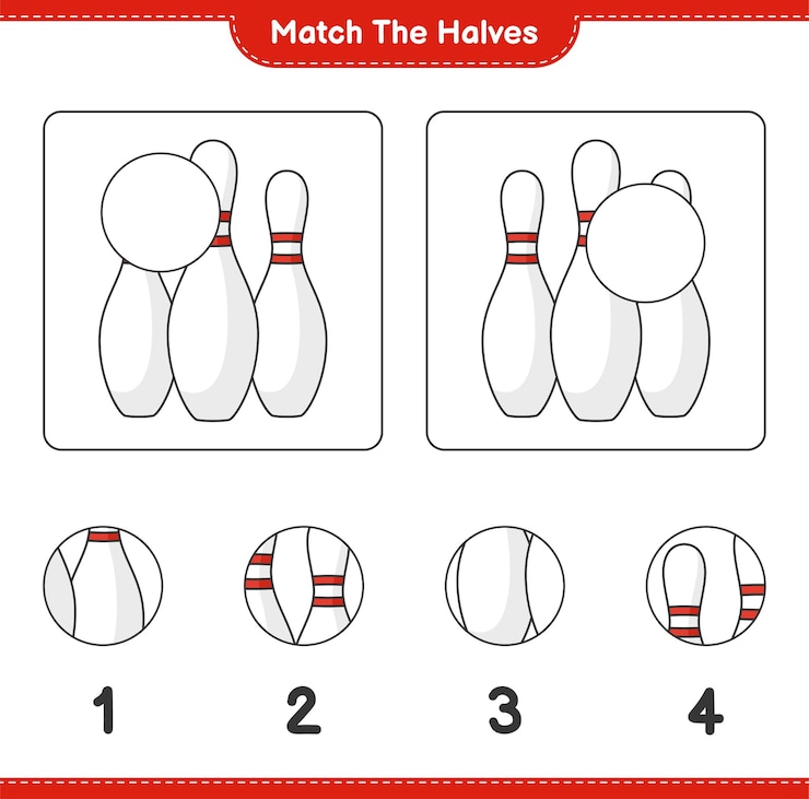 Vector empareja las mitades. coincidir con las mitades de bowling pin. juego educativo para niños, hoja de trabajo imprimible, ilustración vectorial