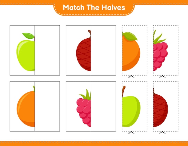 Empareja las mitades. coincidir con las mitades de frutas. juego educativo para niños, hoja de trabajo imprimible