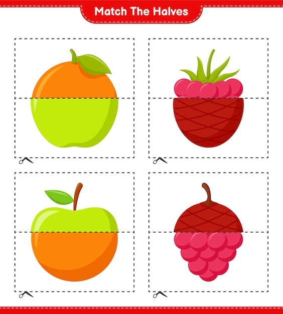 Empareja las mitades. Coincidir con las mitades de frutas. Juego educativo para niños, hoja de trabajo imprimible
