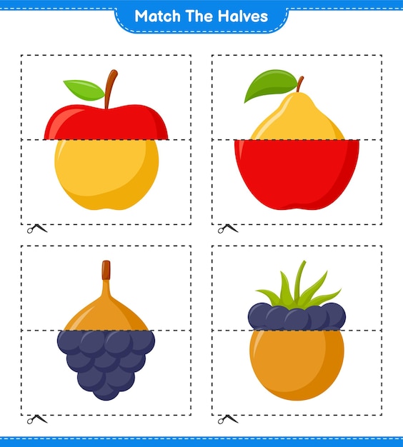 Empareja las mitades. Coincidir con las mitades de frutas. Juego educativo para niños, hoja de trabajo imprimible
