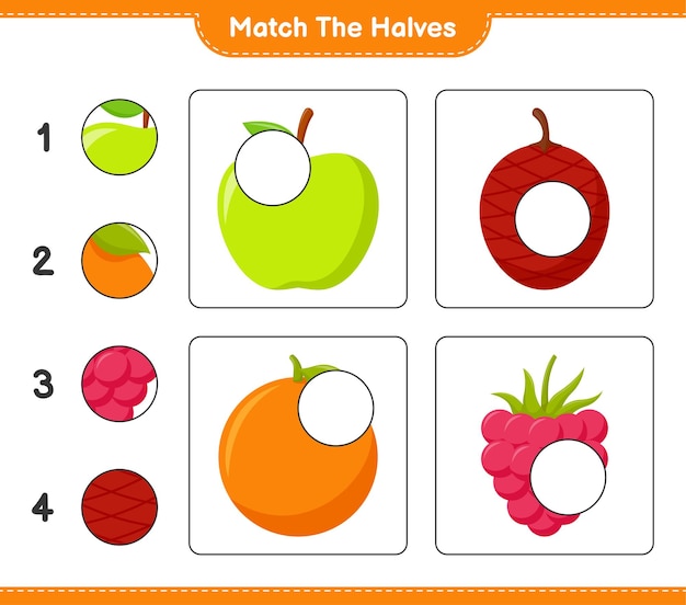 Empareja las mitades. Coincidir con las mitades de frutas. Juego educativo para niños, hoja de trabajo imprimible