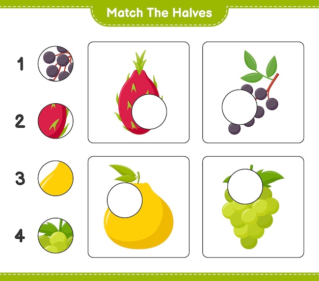 Empareja las mitades. coincidir con las mitades de frutas. juego educativo para niños, hoja de trabajo imprimible