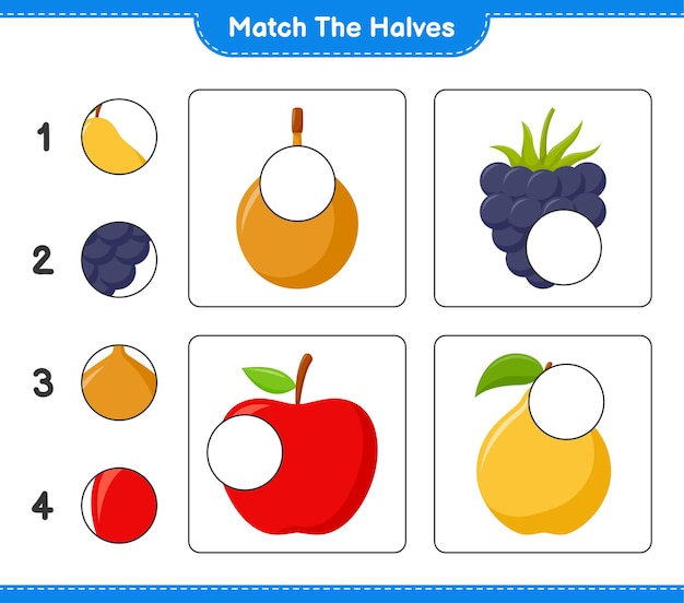 Empareja las mitades. Coincidir con las mitades de frutas. Juego educativo para niños, hoja de trabajo imprimible