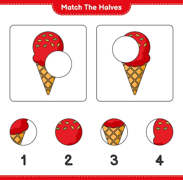 Empareja las mitades. coincidir con las mitades de helado. juego educativo para niños, hoja de trabajo imprimible