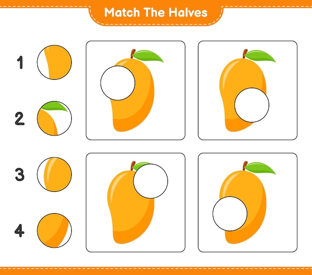 Empareja las mitades. coincidir con las mitades de mango. juego educativo para niños, hoja de trabajo imprimible