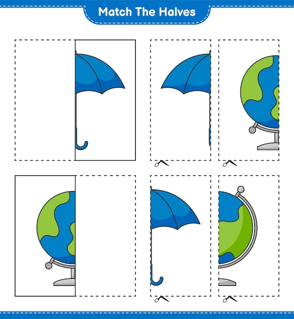 Empareja las mitades. Coincidir con las mitades de paraguas y globo. Juego educativo para niños, hoja de trabajo imprimible, ilustración vectorial