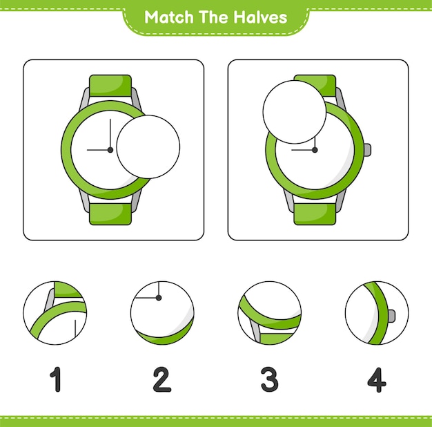 Empareja las mitades. Coincidir con las mitades de los relojes. Juego educativo para niños, hoja de trabajo imprimible