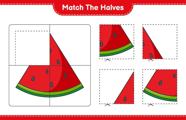 Empareja las mitades. Coincidir con las mitades de sandía. juego educativo para niños, hoja de trabajo imprimible