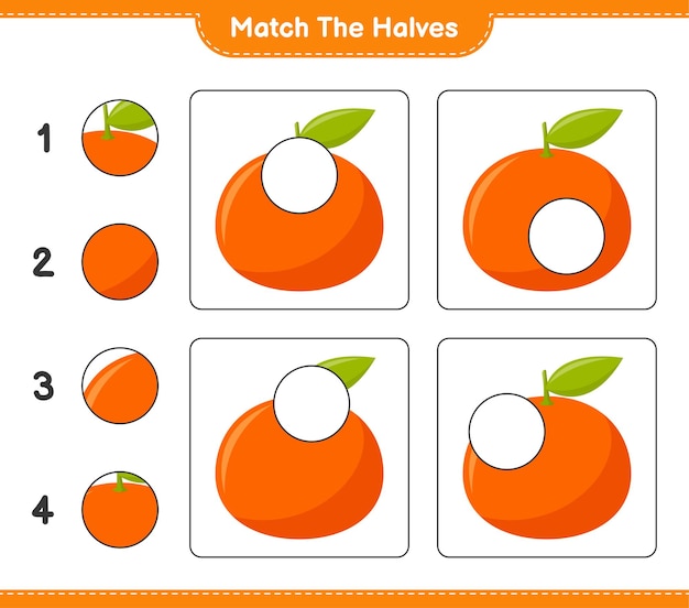 Empareja las mitades. coincidir con las mitades de tangerin. juego educativo para niños, hoja de trabajo imprimible