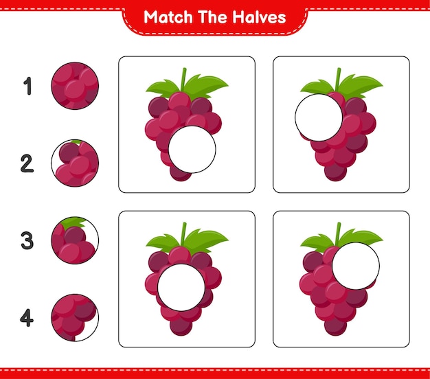 Empareja las mitades. coincidir con mitades de uva. juego educativo para niños, hoja de trabajo imprimible