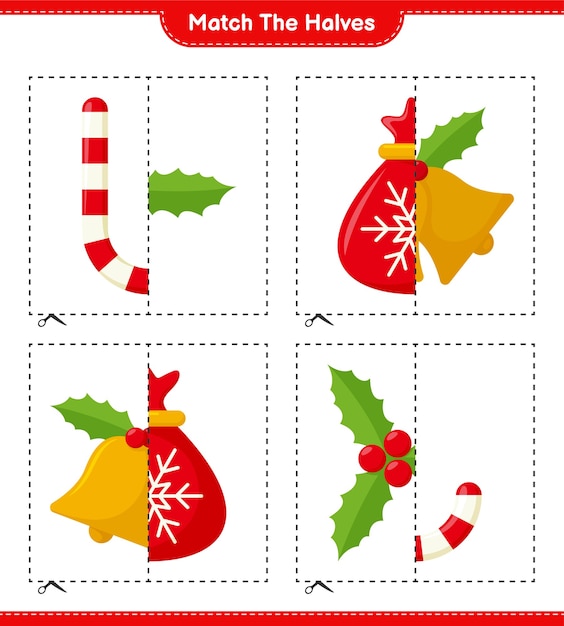 Empareja las mitades. combina mitades de decoración navideña. juego educativo para niños, hoja de trabajo imprimible, ilustración