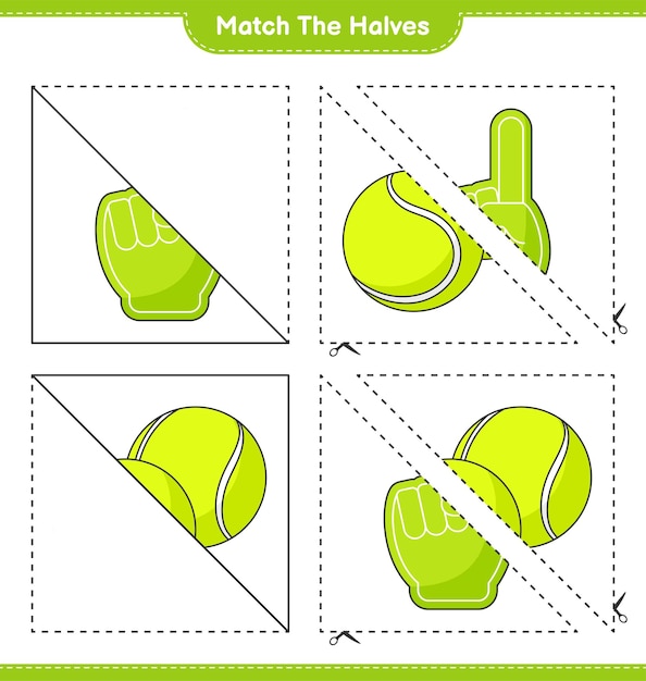 Empareja las mitades. combina las mitades del dedo de espuma y la pelota de tenis. juego educativo para niños, hoja de trabajo imprimible, ilustración vectorial