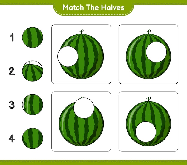 Empareja las mitades. Combina mitades de sandía. Juego educativo para niños, hoja de trabajo imprimible