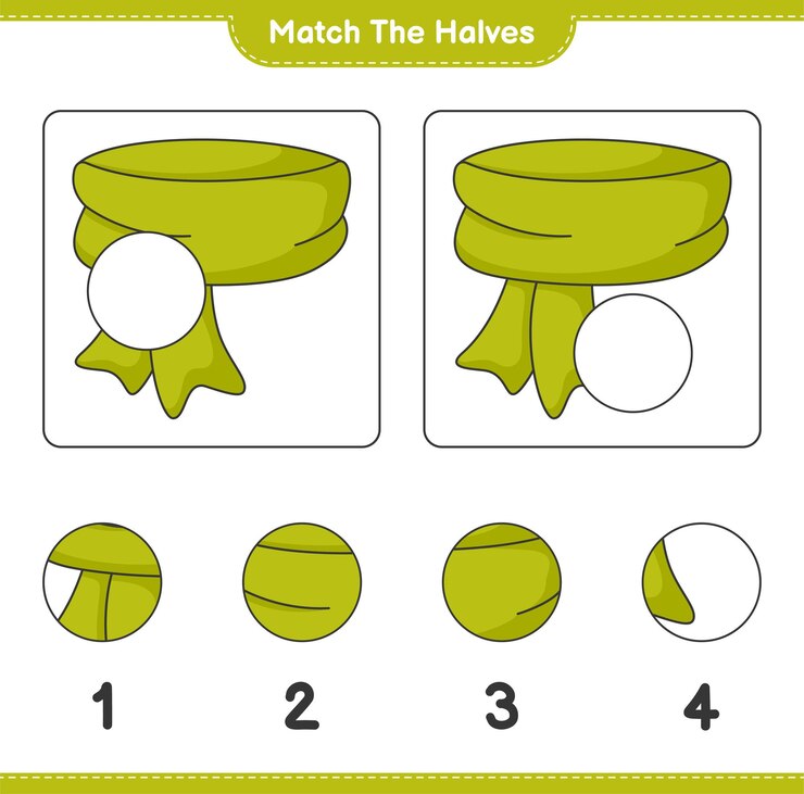 Vector empareja las mitades. haz coincidir las mitades de la bufanda. juego educativo para niños, hoja de trabajo imprimible, ilustración vectorial