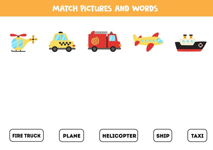 Vector empareje los medios de transporte y las palabras. juego de lógica educativo para niños.