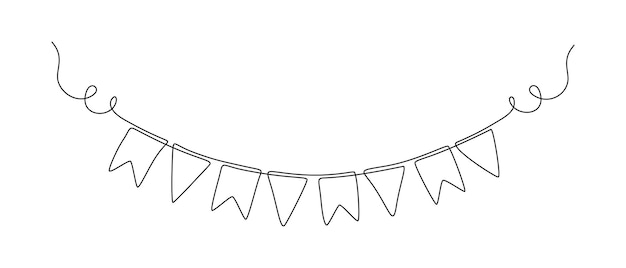 Empavesado de guirnaldas con banderas en un dibujo de línea continua Decoración de fiesta de cumpleaños y jubileo en estilo lineal simple Festón para celebrar carnaval y festivales Trazo editable Vector de contorno