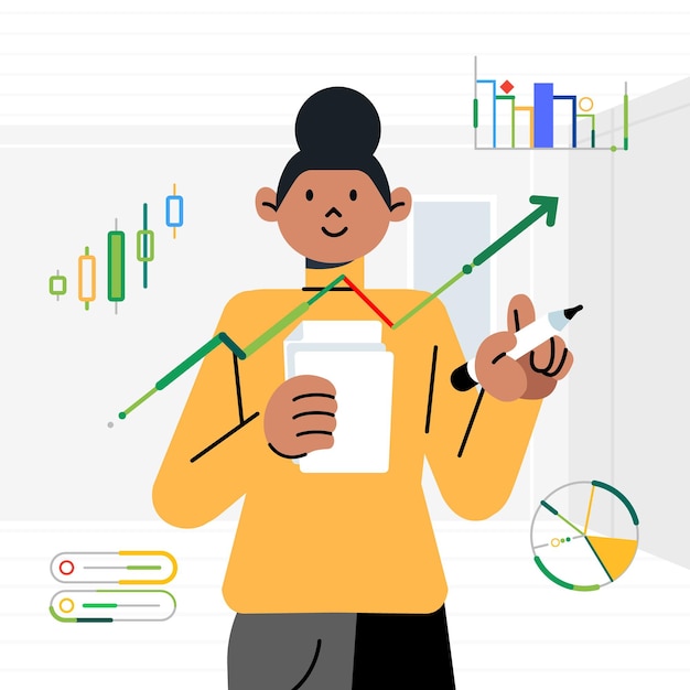 Vector empleada analizando datos de auditoría crecimiento de las ganancias del negocio gráfico de datos analíticos