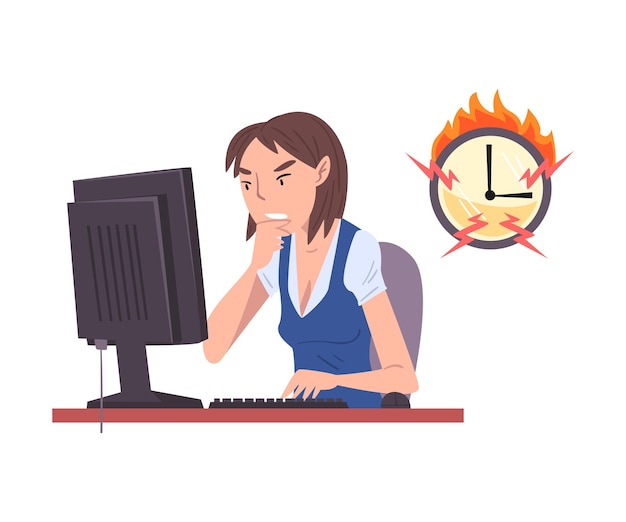 Empleada estresada trabajando horas extras Trabajadora de oficina sobrecargada sentada en el lugar de trabajo en la oficina Ilustración vectorial de presión de plazo de tiempo