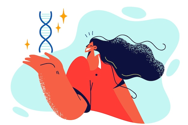 Vector empleada del laboratorio genético sostiene una espiral de adn que invita a realizar análisis para la investigación del genoma