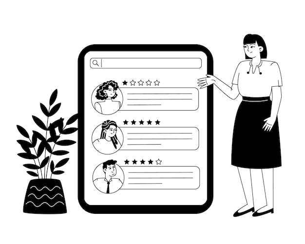 Vector una empleada mira varias críticas de personas en la pantalla de una tableta grande