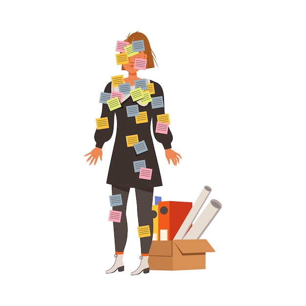 Empleada de oficina estresada cubierta de notas adhesivas fallando en la ilustración vectorial multitarea