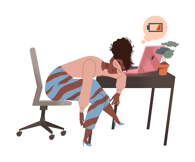 Empleada de oficina exhausta y cansada sentada en el escritorio sentada con la cabeza hacia abajo en la computadora portátil Síndrome de agotamiento profesional persona deprimida ilustración vectorial de dibujos animados