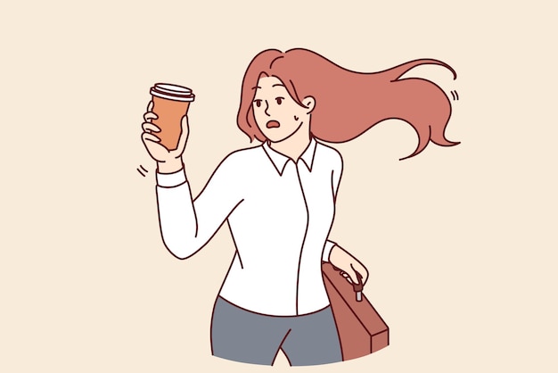 La empleada de oficina tarde corre con el café en las manos para llegar a tiempo a la reunión de negocios con el jefe