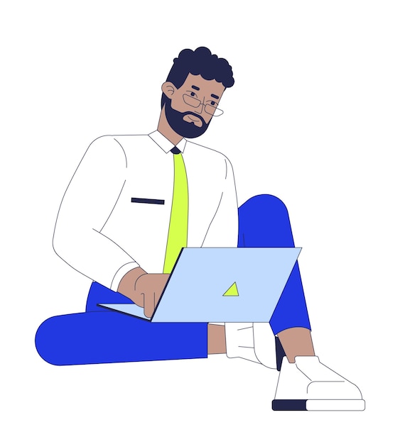empleado afroamericano masculino escribiendo en la computadora portátil trabajando relajado personaje de dibujos animados 2D