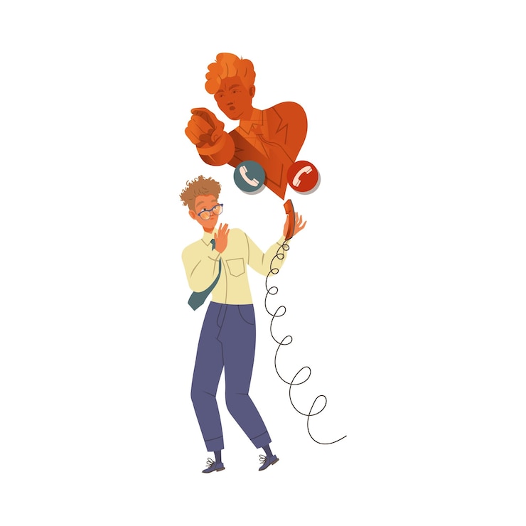 Vector empleado asustado y estresado hablando con su jefe por teléfono ilustración vectorial