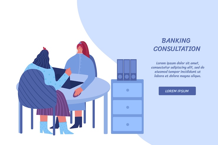 Vector un empleado bancario asesora a un cliente. concepto bancario con lugar para el texto.