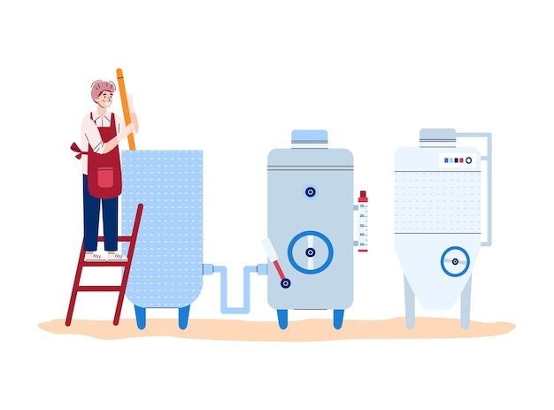 Empleado de la bodega observa la ilustración de vector plano del proceso de producción de vino