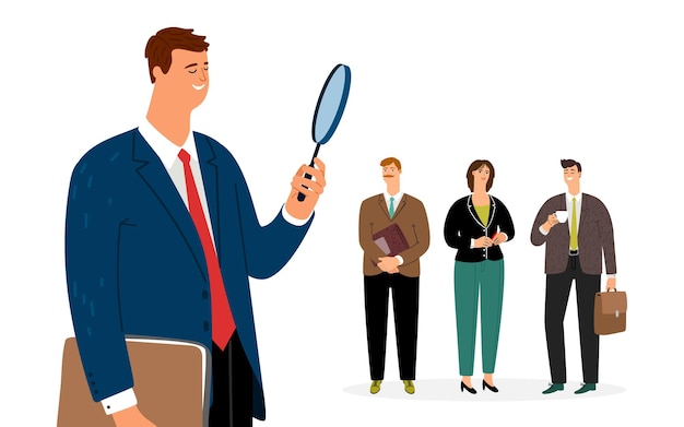 Empleado de búsqueda de hombre. Gerente de recursos humanos, el empresario mira a través de la lupa a los solicitantes de empleo, concepto de vector