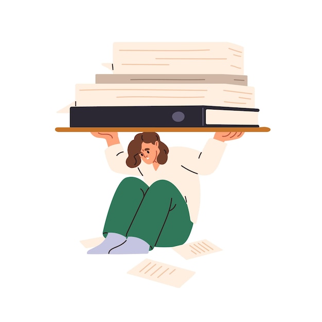 Empleado cansado sobrecargado de documentos documentos comerciales concepto de carga burocrática de papeleo trabajador de oficina fatigado cargado de mucho trabajo Ilustración vectorial plana aislada sobre fondo blanco