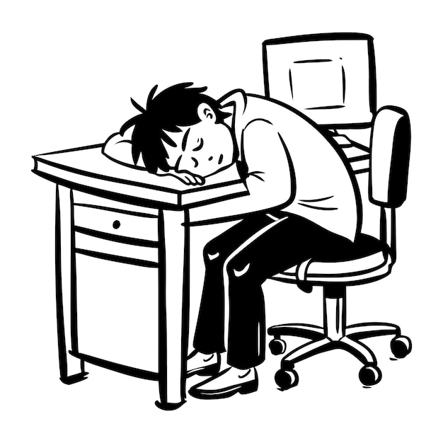 Un empleado cansado tomando una siesta en la oficina. Ilustración de garabateo