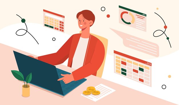 Empleado contable en el trabajo concepto hombre sentado con computadora portátil en el lugar de trabajo en el fondo de gráficos y