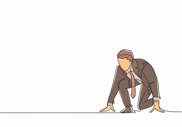 Un empleado de dibujo de una sola línea de la empresa se prepara en la línea de salida para hacer un vector de diseño de carrera de velocidad