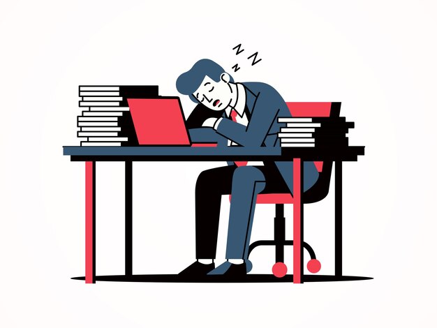 Empleado durmiendo en el escritorio de trabajo dibujado plano adecuado para la carrera y los negocios