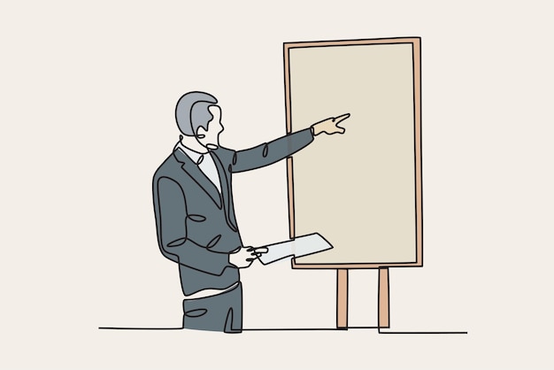 Un empleado está presentando ante el jefe un dibujo en línea de presentación de negocios