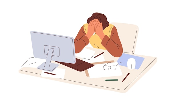 Empleado con exceso de trabajo cansado en el lugar de trabajo. Trabajador de oficina exhausto con dolor de ojos, sentado en el escritorio de la computadora, sobrecargado de trabajo, papeles. Ilustración de vector plano aislado sobre fondo blanco.