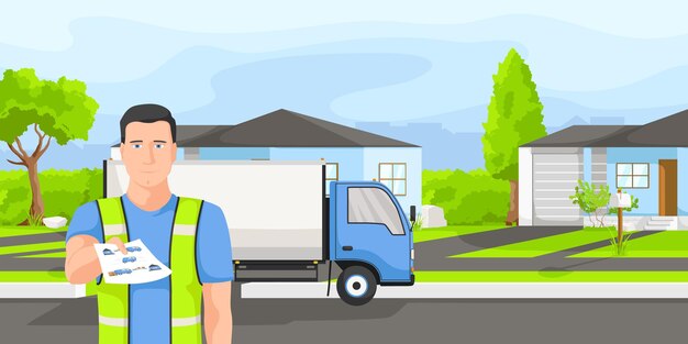 Vector empleado extendiendo la factura de servicio empresa de mudanzas y entregas muebles y paquetes de mudanzas furgoneta envío mensajero masculino envío a casa casa azul ilustración vectorial