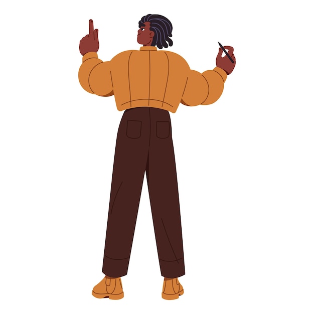 Empleado feliz de pie y escribiendo en la pizarra vista trasera Persona negra dibujando toma notas con pluma en la pared Característico moderno señalando con el dedo índice Ilustración vectorial aislada plana en blanco